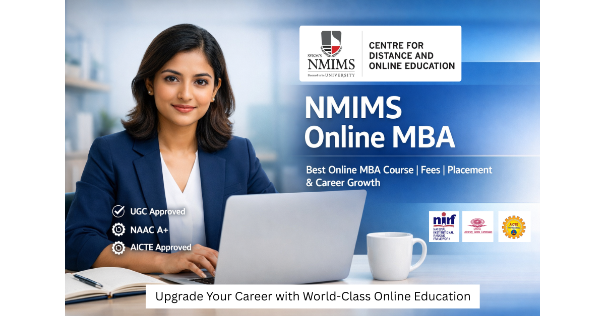 Professional woman studying on laptop for NMIMS Online MBA 2026 with details on fees, admission process, eligibility criteria, and placement opportunities.