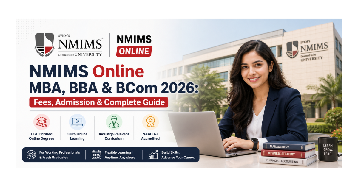 A young Indian professional studying the NMIMS online MBA program on a laptop at a well-lit home office desk.