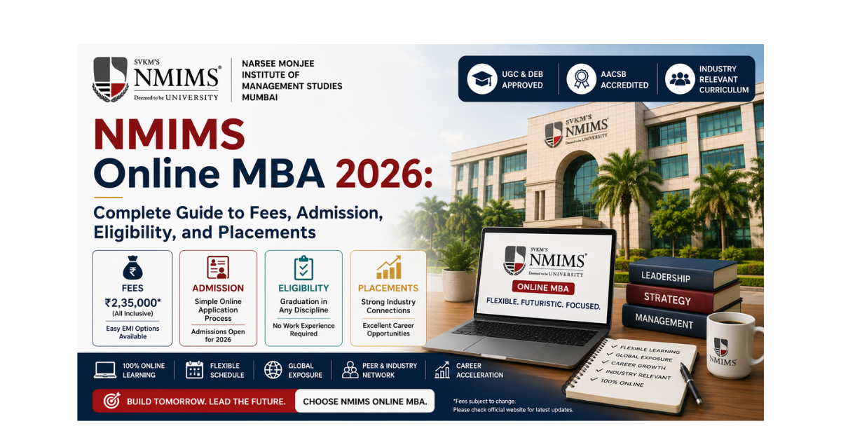 Professional woman studying on laptop for NMIMS Online MBA 2026 with details on fees, admission process, eligibility criteria, and placement opportunities.