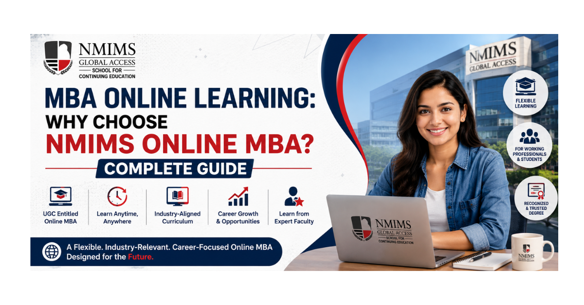 NMIMS Online MBA banner featuring a professional student with a laptop, NMIMS Global Access campus, flexible online learning, industry-aligned curriculum, career opportunities, expert faculty, and recognized online MBA benefits.