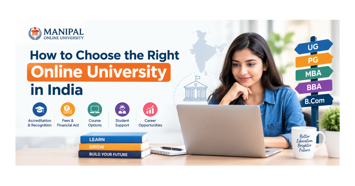 How to choose the right online university in India, highlighting accreditation, course specialization, fees, placement opportunities, and student reputation with NMIMS Online University branding.