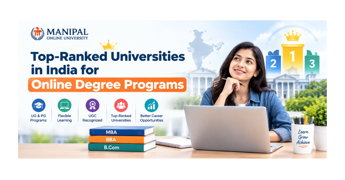 Top-ranked universities in India for online degree programs featuring NMIMS Online University and a student learning on a laptop